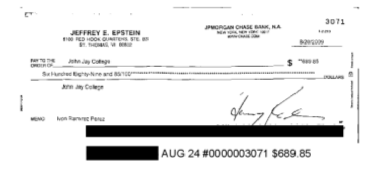 Check made out by Epstein to John Jay College in August 2009 